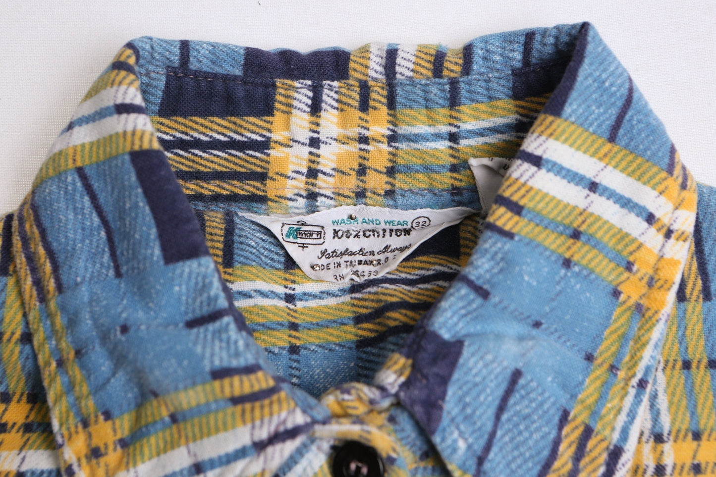 Vintage men 70's flannel shirt plaid blue yellow size 32 button up lumberjacket