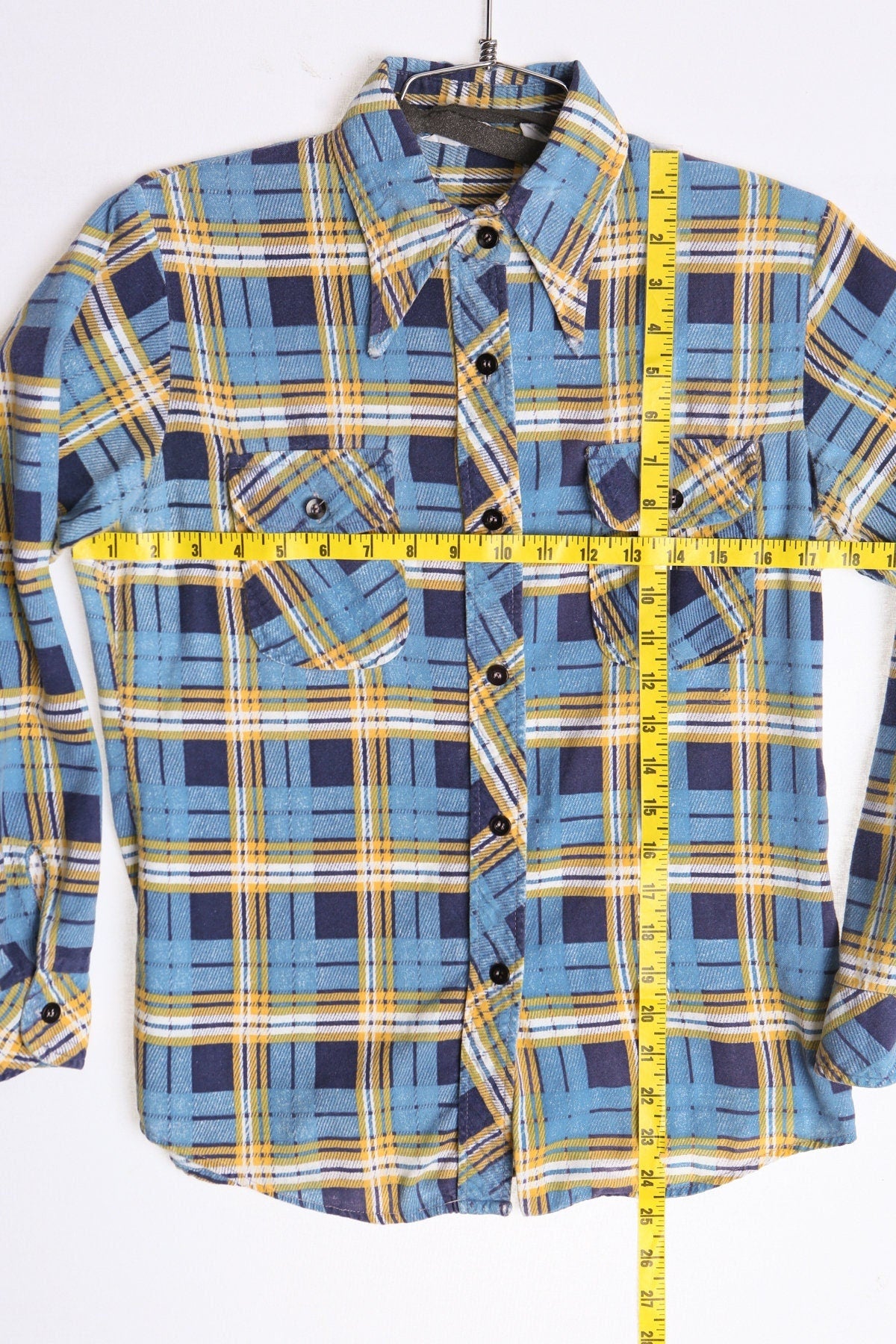 Vintage men 70's flannel shirt plaid blue yellow size 32 button up lumberjacket