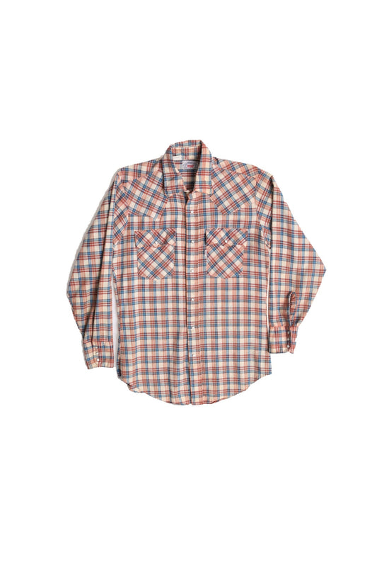 70's men plaid levi's western shirt cotton blue orange white size medium