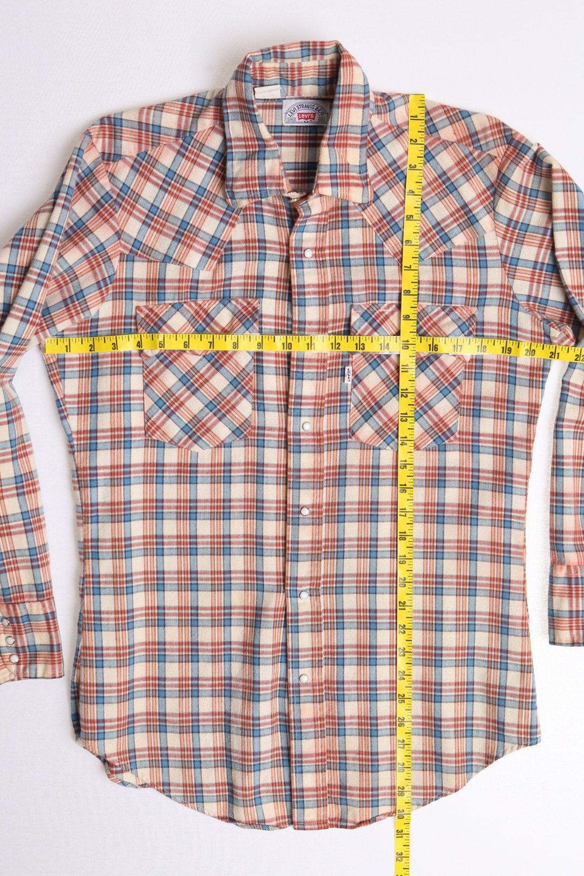 70's men plaid levi's western shirt cotton blue orange white size medium