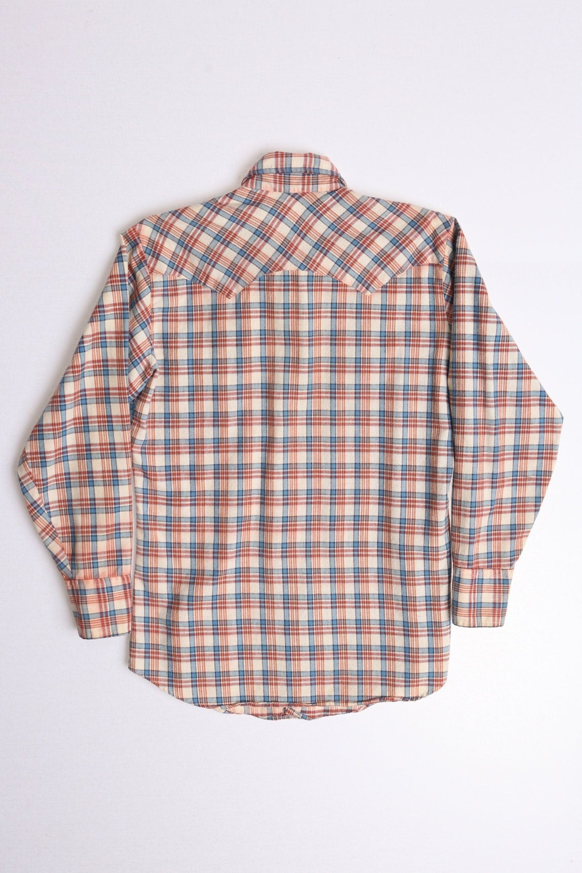 70's men plaid levi's western shirt cotton blue orange white size medium
