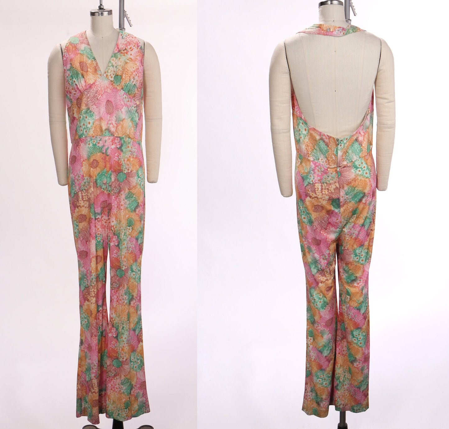 Vintage 70's polyester jumpsuit disco hippie floral pink orange halter women studio 54