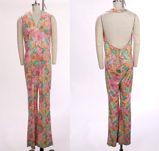 Vintage 70's polyester jumpsuit disco hippie floral pink orange halter women studio 54