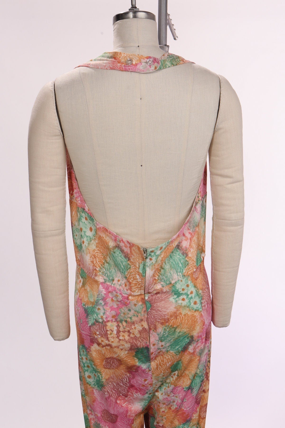 Vintage 70's polyester jumpsuit disco hippie floral pink orange halter women studio 54