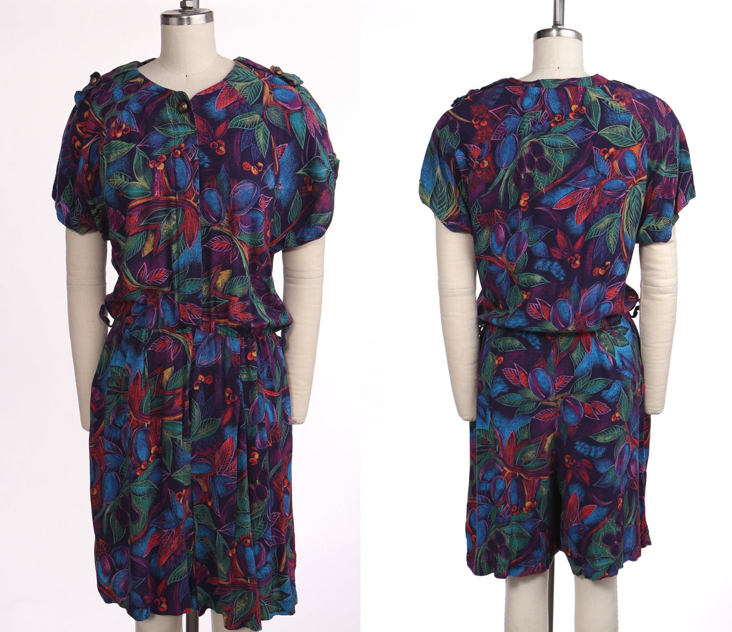 Vintage 90's women rayon purple summer dress button closure romper plants