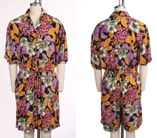 Vintage 90's floral print rayon romper hawaii hwaiian dres short button size medium