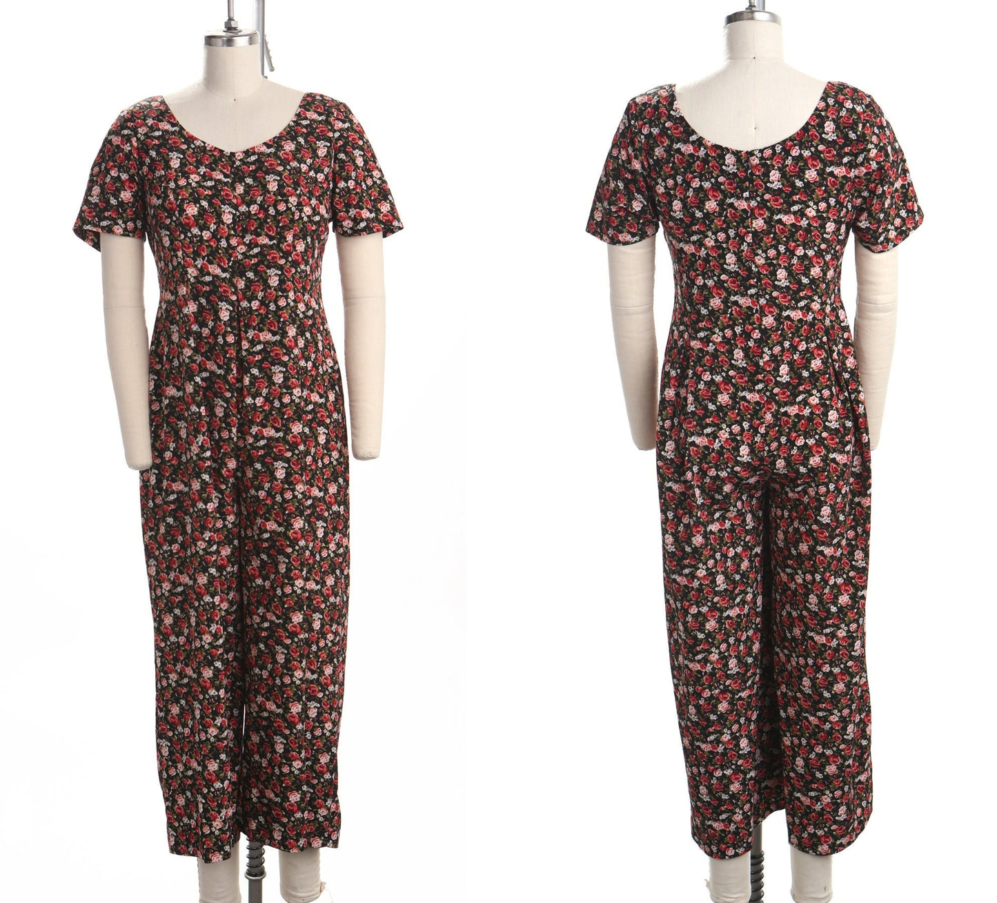 Vintage jumpsuit romper 90's floral red black summer casual rayon