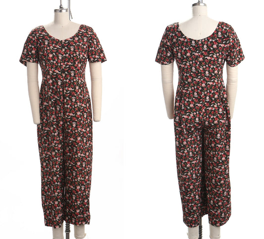 Vintage jumpsuit romper 90's floral red black summer casual rayon