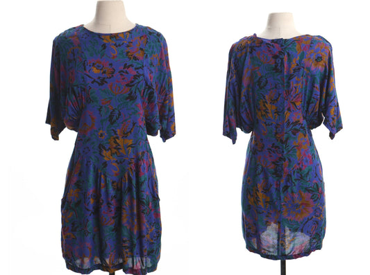 Vintage dress blue floral print rayon 90's casual summer 80's size 9 10