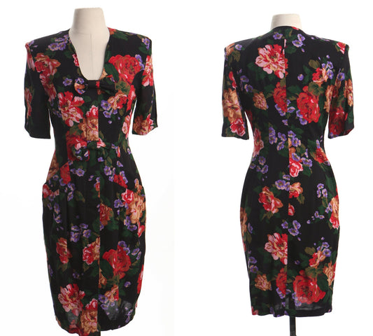 Vintage 90's casual black floral print dress 80's women summer