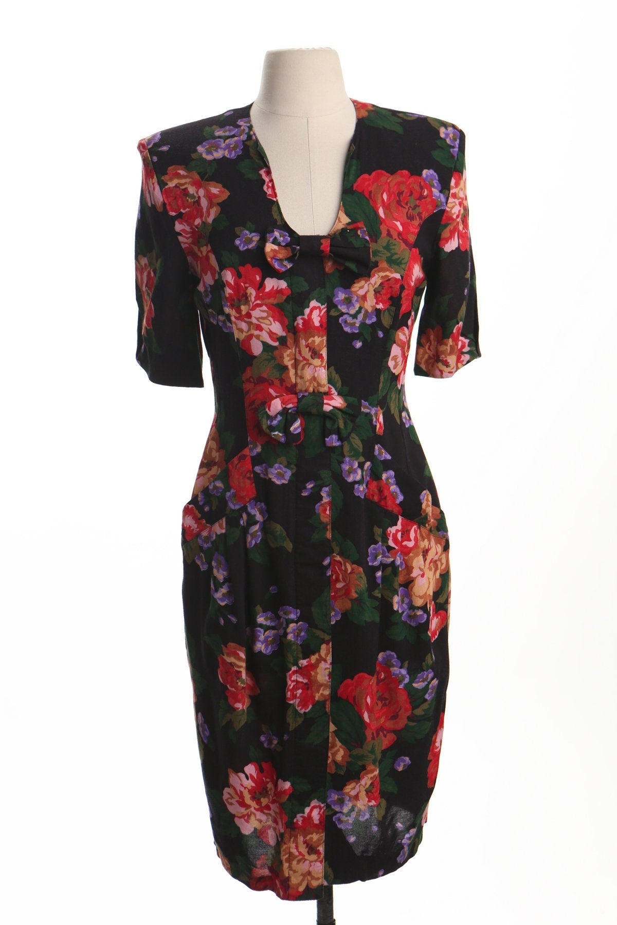 Vintage 90's casual black floral print dress 80's women summer