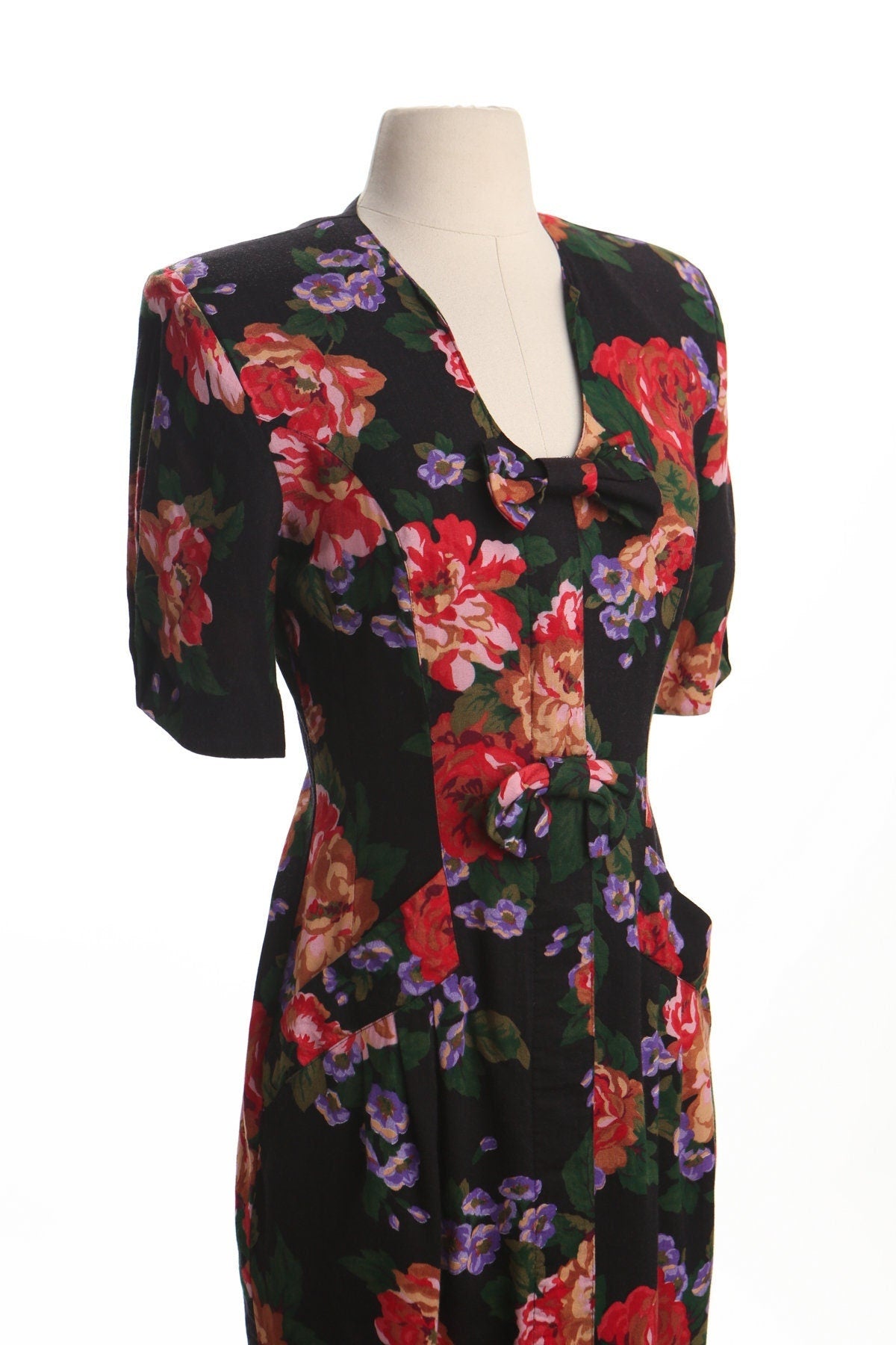 Vintage 90's casual black floral print dress 80's women summer