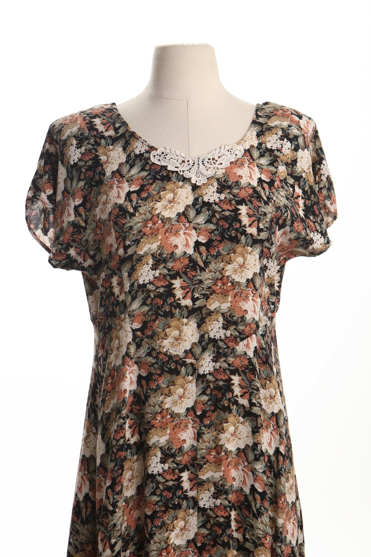 Vintage 90's floral summer dress print rayon women lace