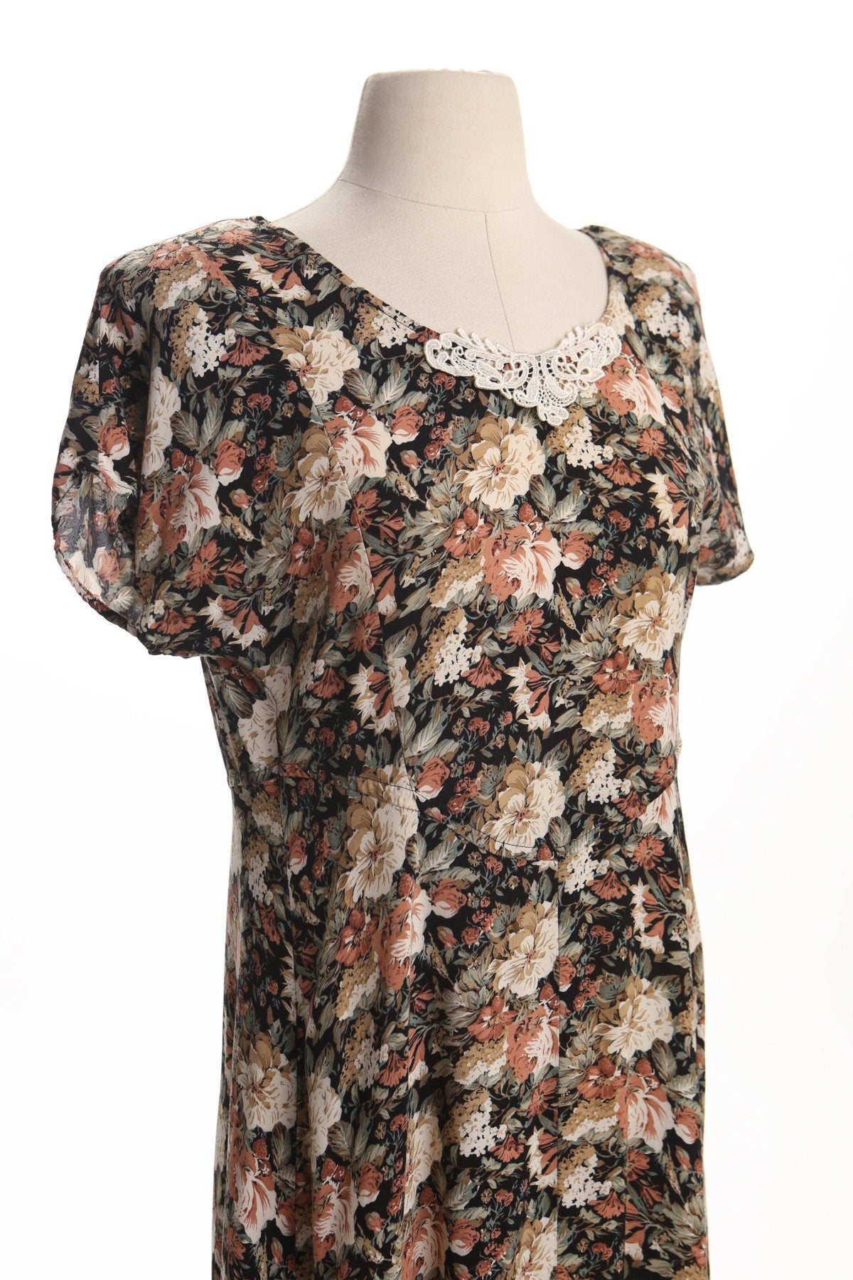 Vintage 90's floral summer dress print rayon women lace