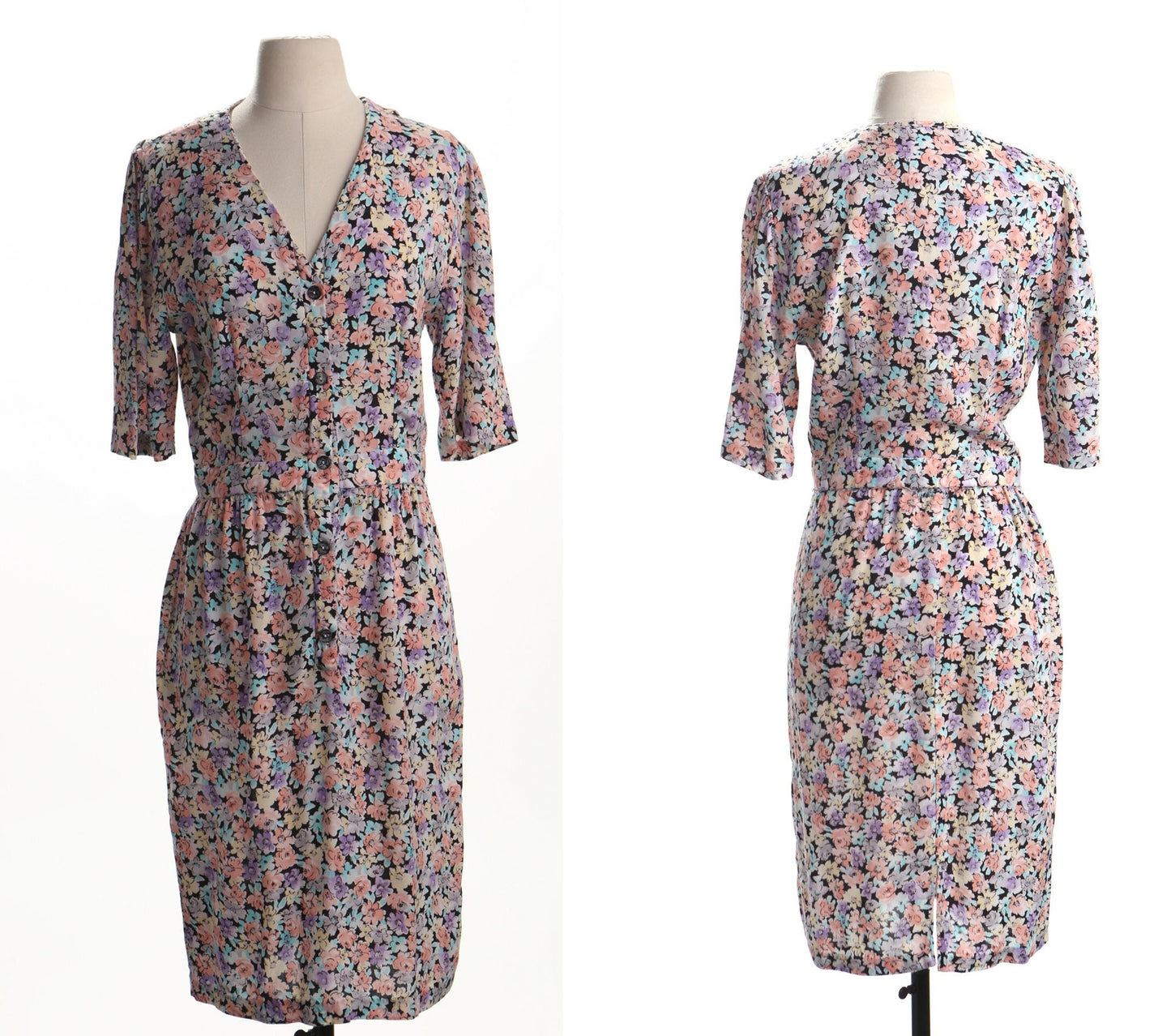 Vintage women 80's polyester floral print dress pink v neck 90's casual summer