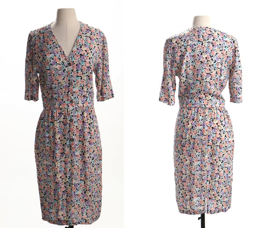 Vintage women 80's polyester floral print dress pink v neck 90's casual summer