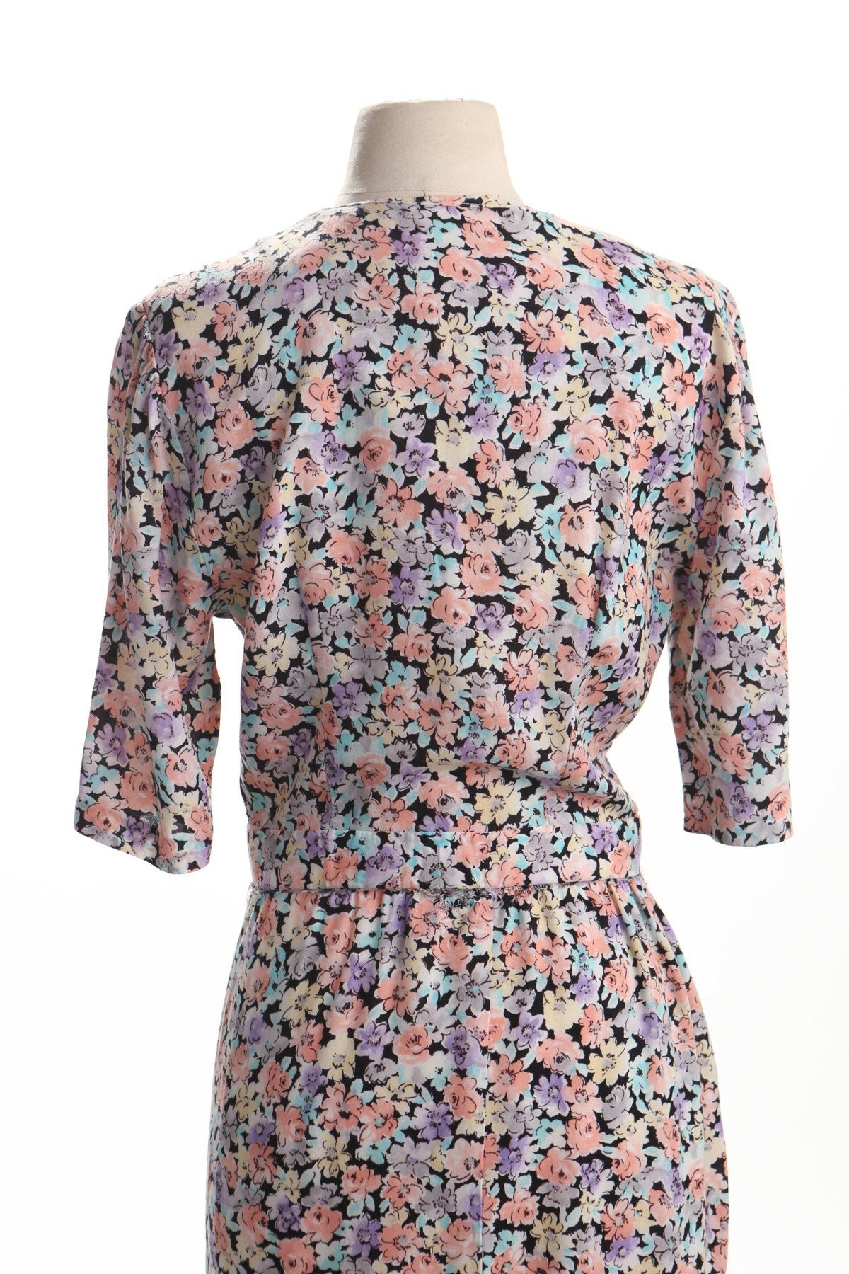 Vintage women 80's polyester floral print dress pink v neck 90's casual summer