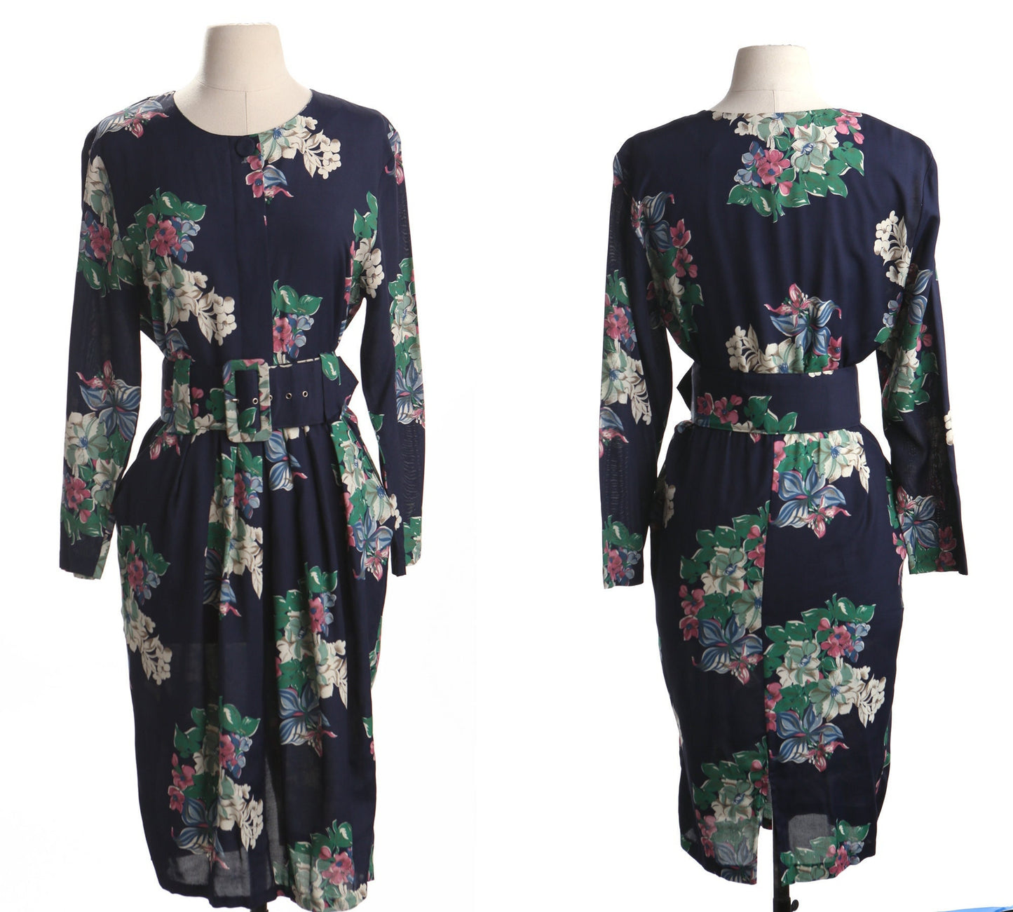 Vintage 90's 80's casual summer floral dress blue waist belt button front closure