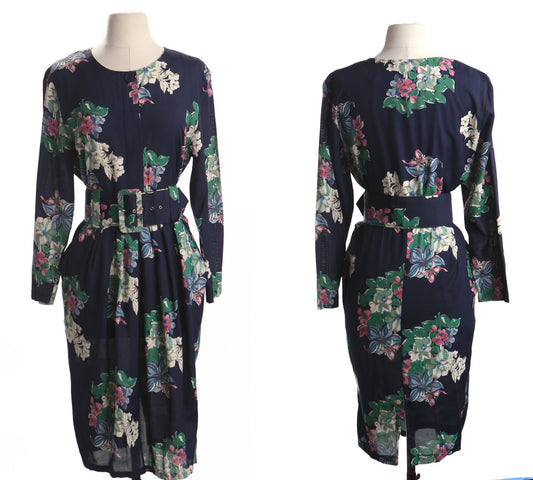 Vintage 90's 80's casual summer floral dress blue waist belt button front closure