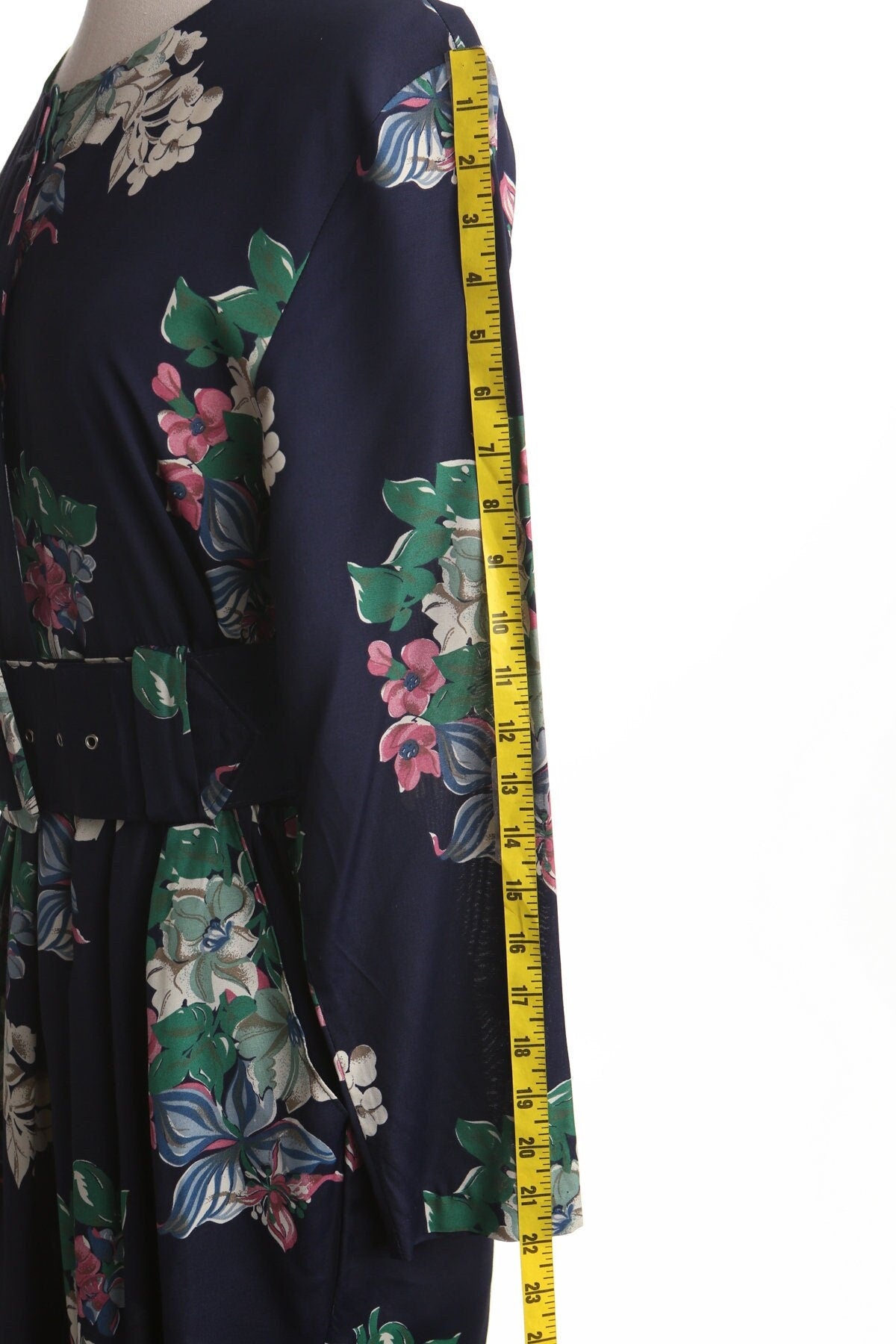 Vintage 90's 80's casual summer floral dress blue waist belt button front closure