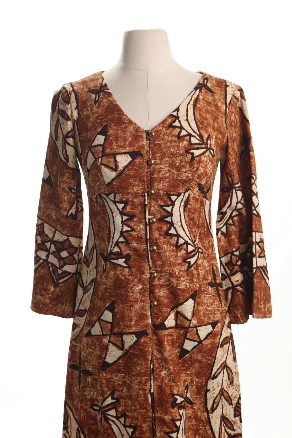 Vintage 60's 70's hawaiian dress kaftan hawaii women brown long sleeve v neck