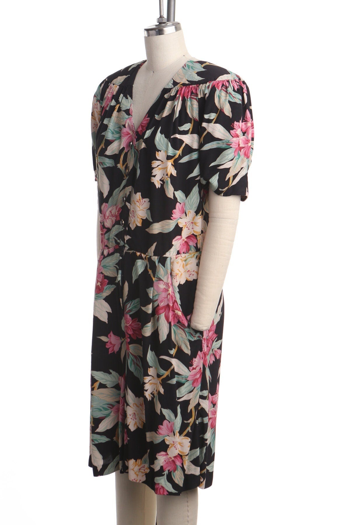 Vintage summer flora plant flower dress romper black casual 90's v neck button women