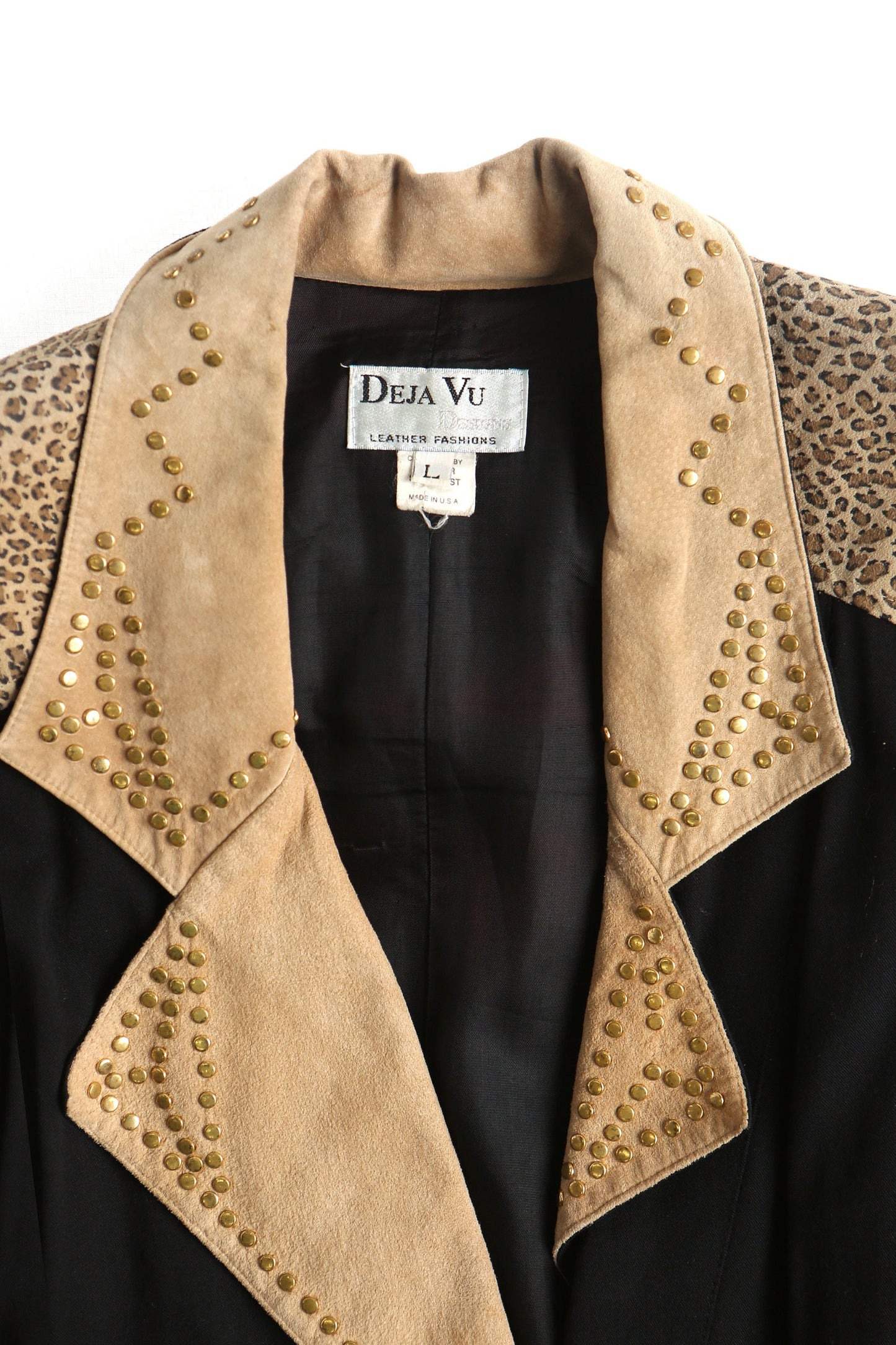 Women vintage suded fringe jacket studded high waist 90's cheetah print mae in usa