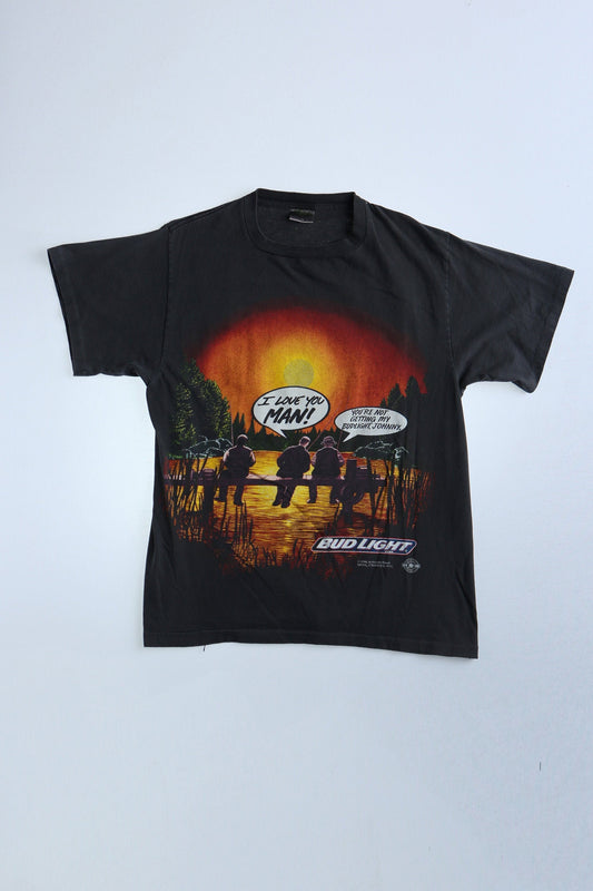 Bud light beer vintage t-shirt graphic fishing sunset i love you man
