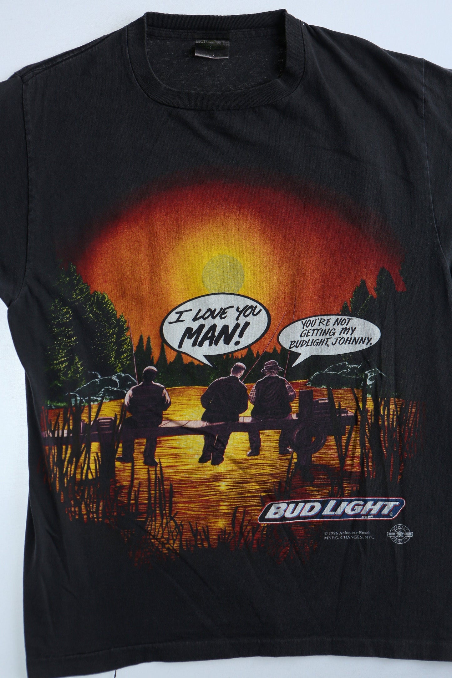 Bud light beer vintage t-shirt graphic fishing sunset i love you man