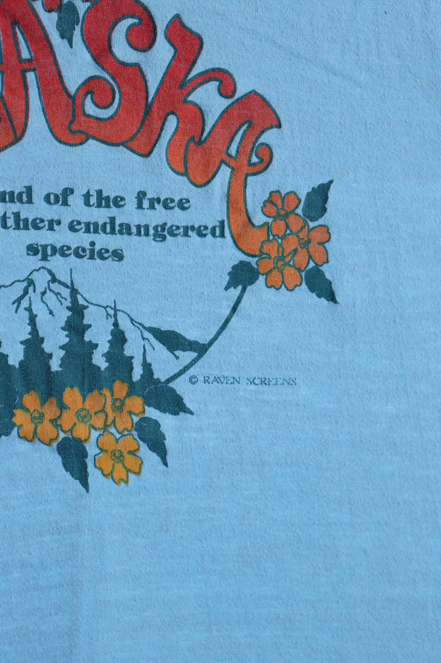 Alaska graphic print t-shirt blue 70's hippie land of the free and other endangered species nature mountains' flowers