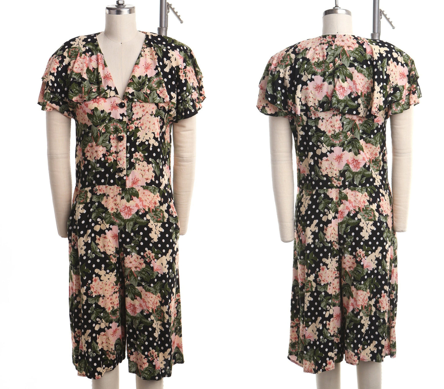 Vintage romper black pink flower summer rayon dress 90's casual y2k women