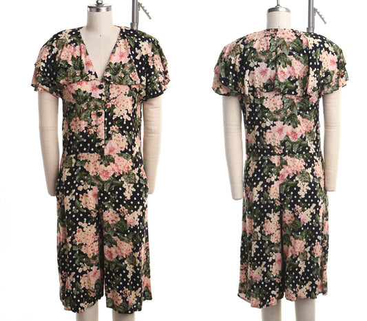 Vintage romper black pink flower summer rayon dress 90's casual y2k women