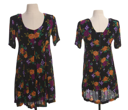 Vintage 90's floral print summer dress maxi rayon spring short sleeve black