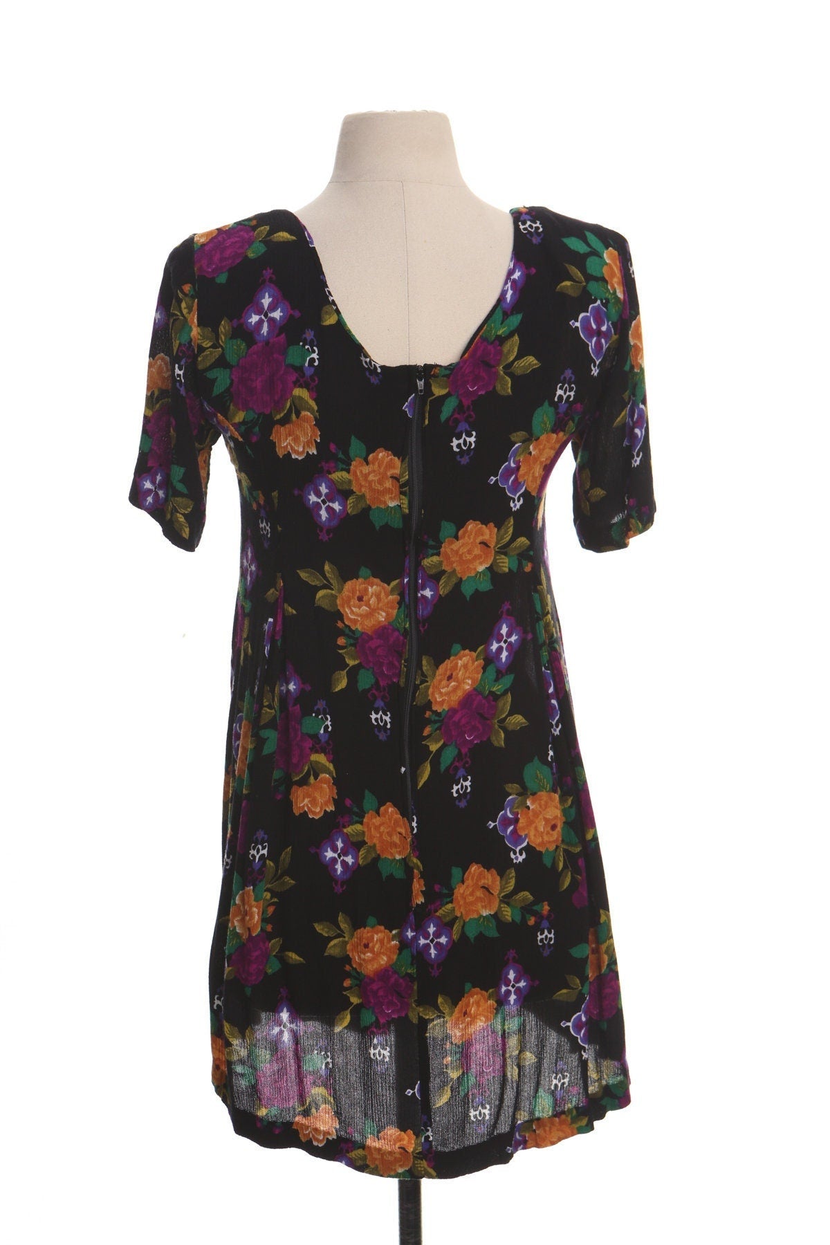 Vintage 90's floral print summer dress maxi rayon spring short sleeve black