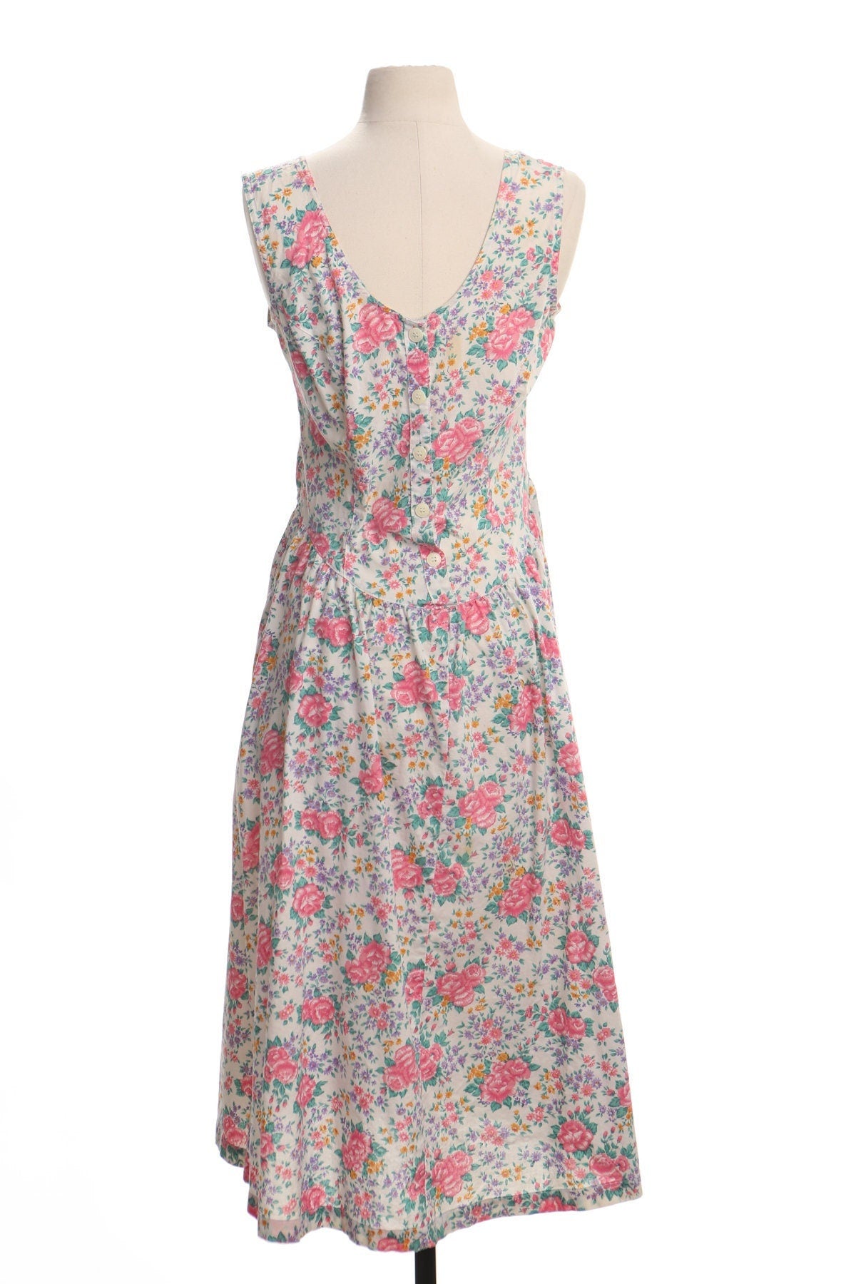 Vintage floral print cotton summer dress white 80's women maxi spring