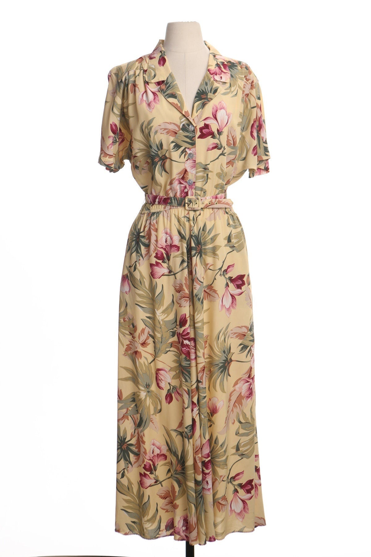 Vintage yellow hawaiian print summer maxi dress 90's casual women spring