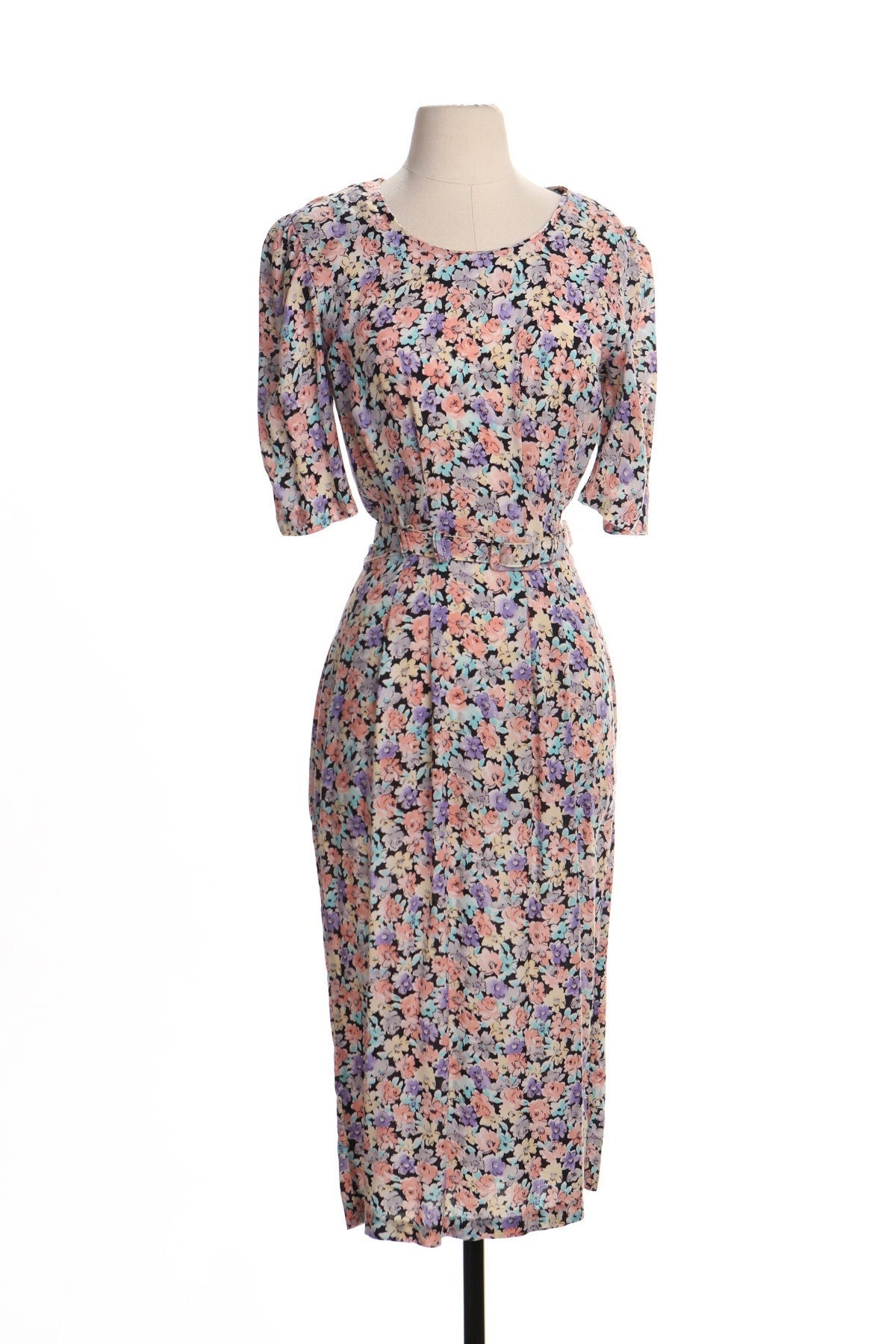 Vintage floral print summer maxi dress 90's pink waist belt casual 80's