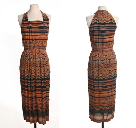 Vintage dress 90's rayon summer casual evening women black halter orange