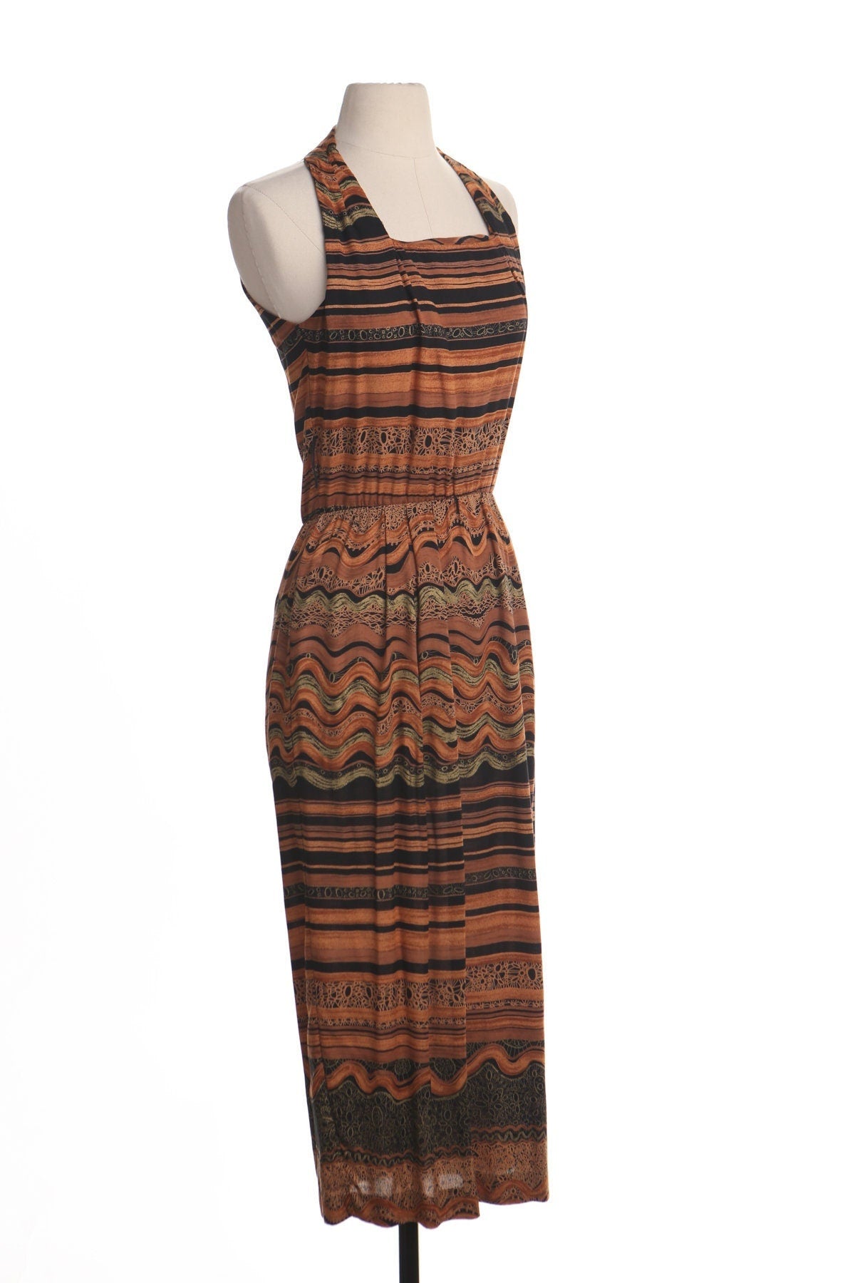 Vintage dress 90's rayon summer casual evening women black halter orange