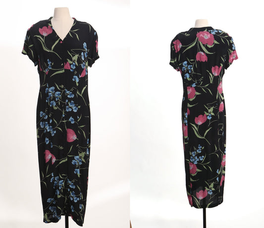 Vintage dress floral print hawaiian hawaii maxi 90's black women button size 14 made in usa
