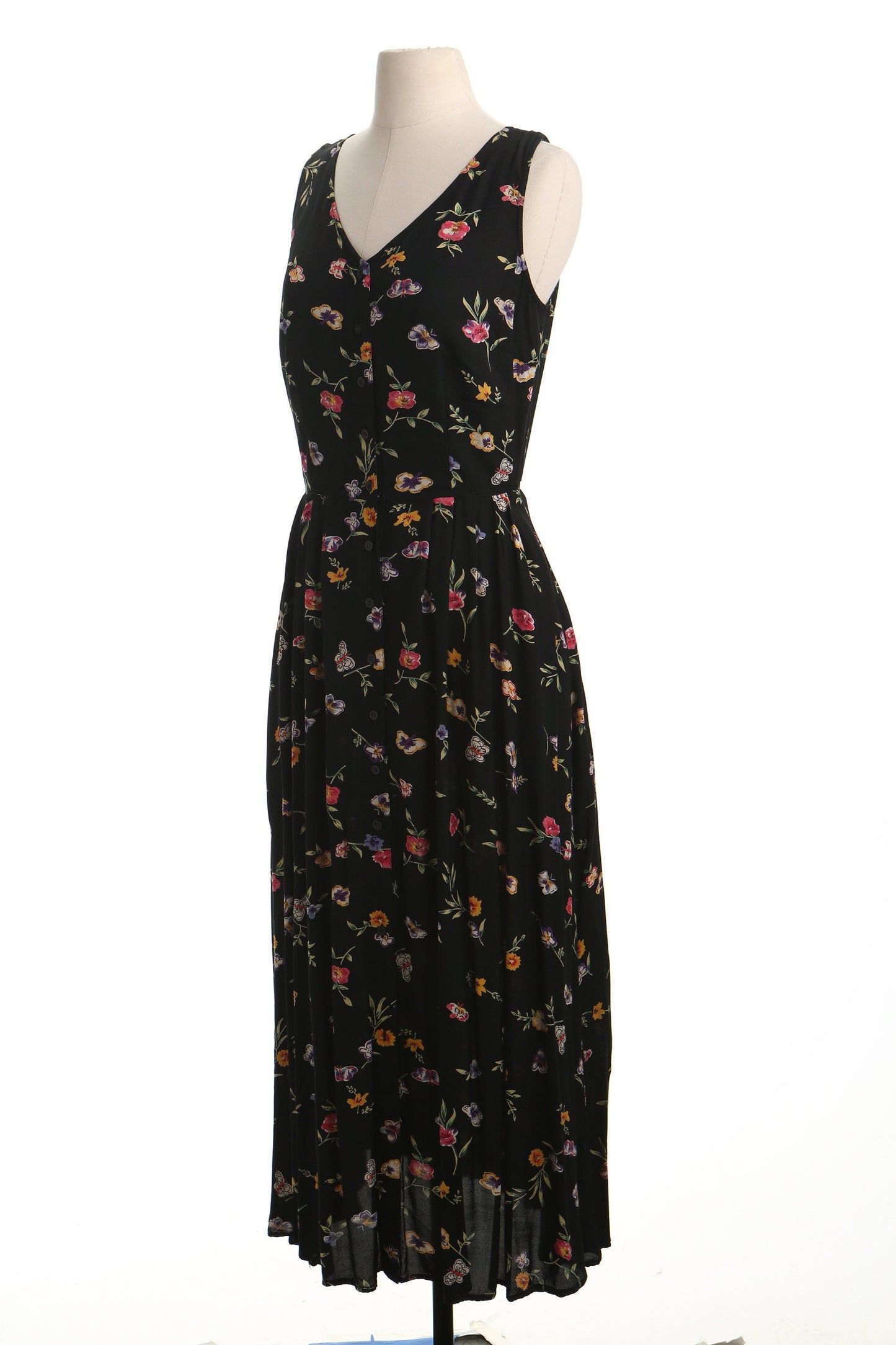 Vintage 90's summer maxi dress women floral black flower button up y2k