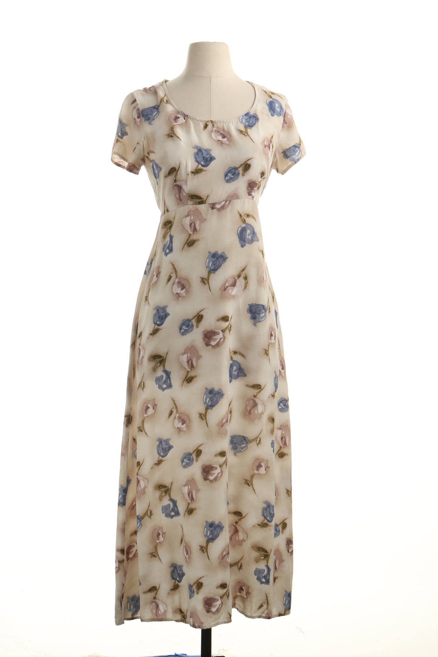Vintage dress maxi rayon floral print 90's casual beige long roses flowert