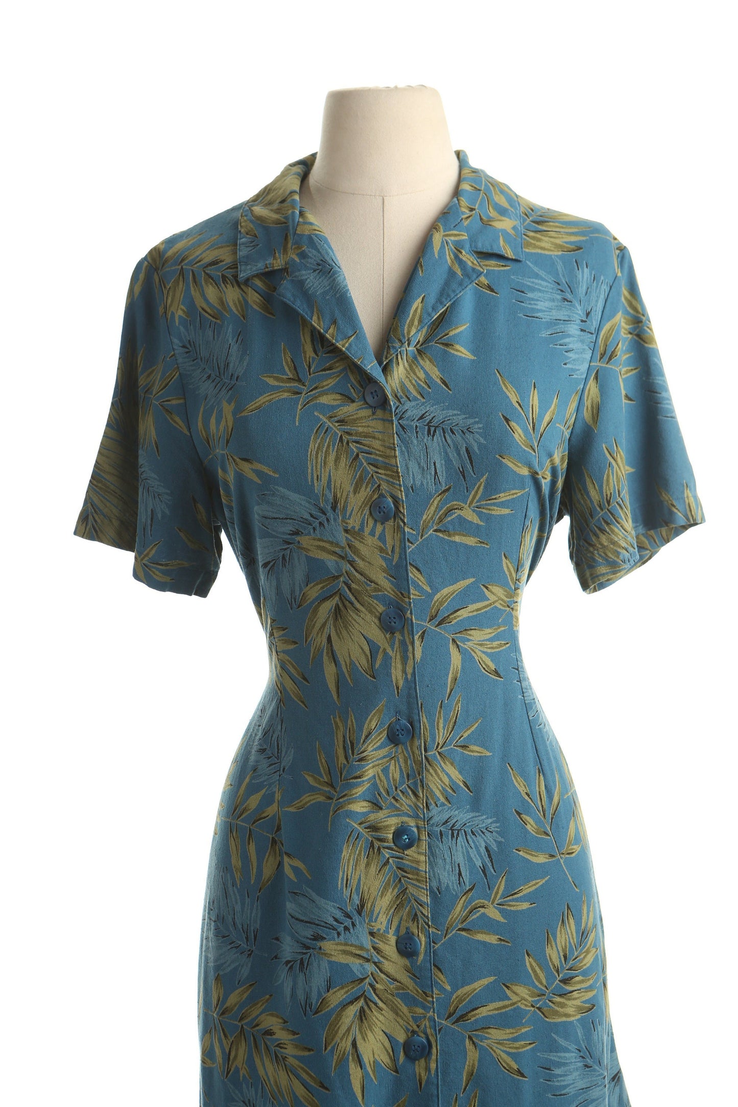 Vintage women hawaii dress green hawaiian summer plant print silk medium