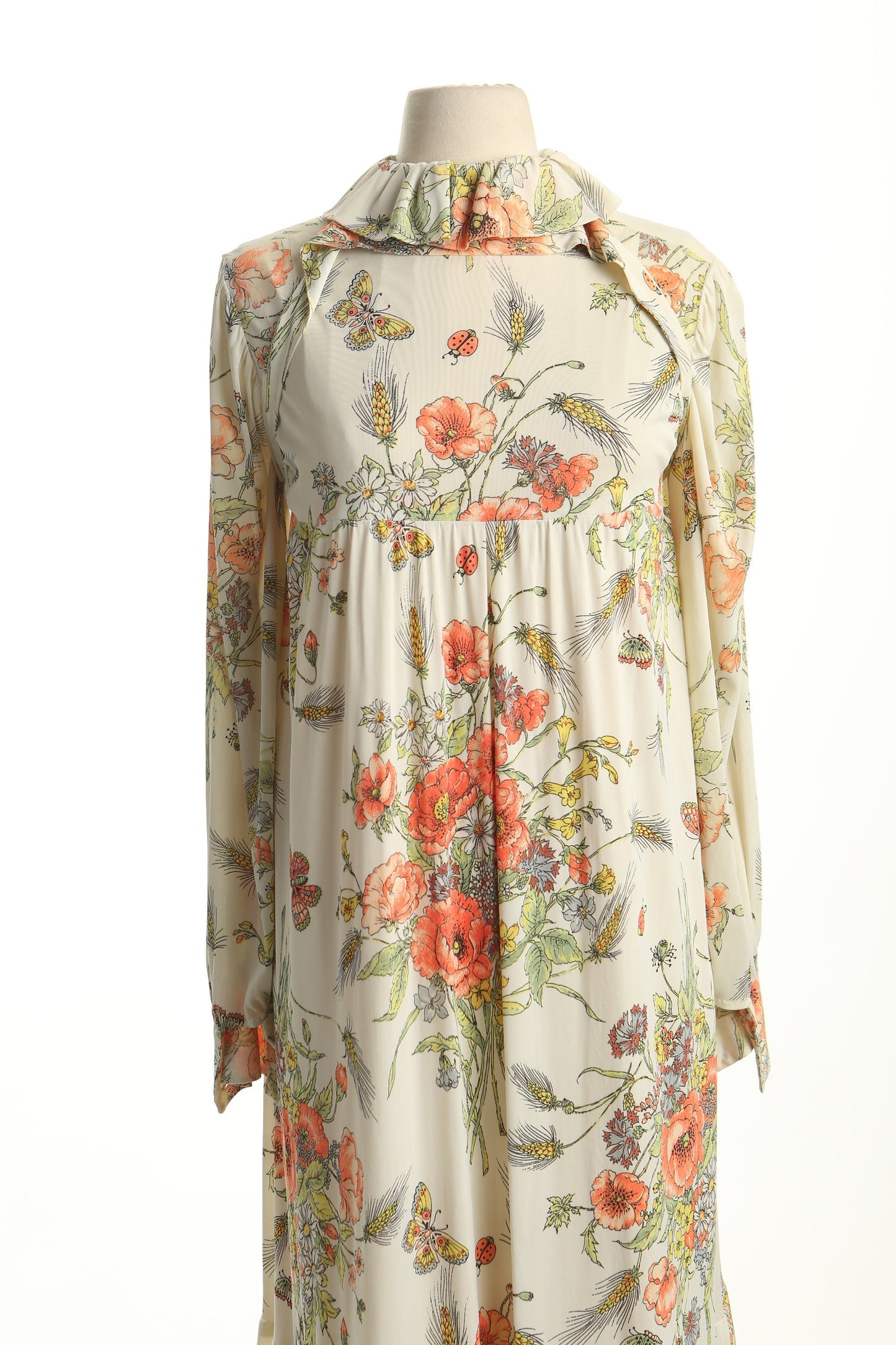 Vintage 70's floral print boho hippie long dress beige flower women