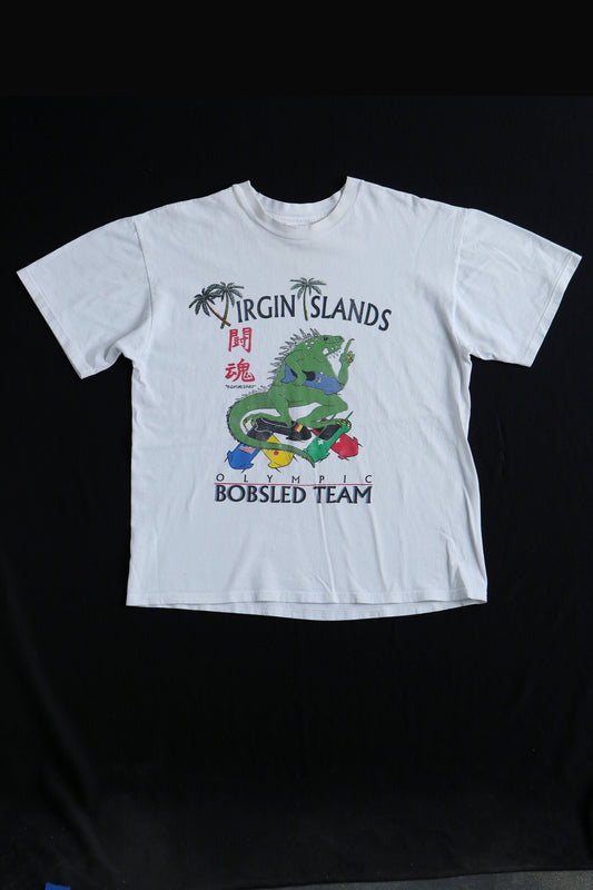 Vintage olympic team bobsled iguana graphic t-shirt virgin islands 1988 nagano japan