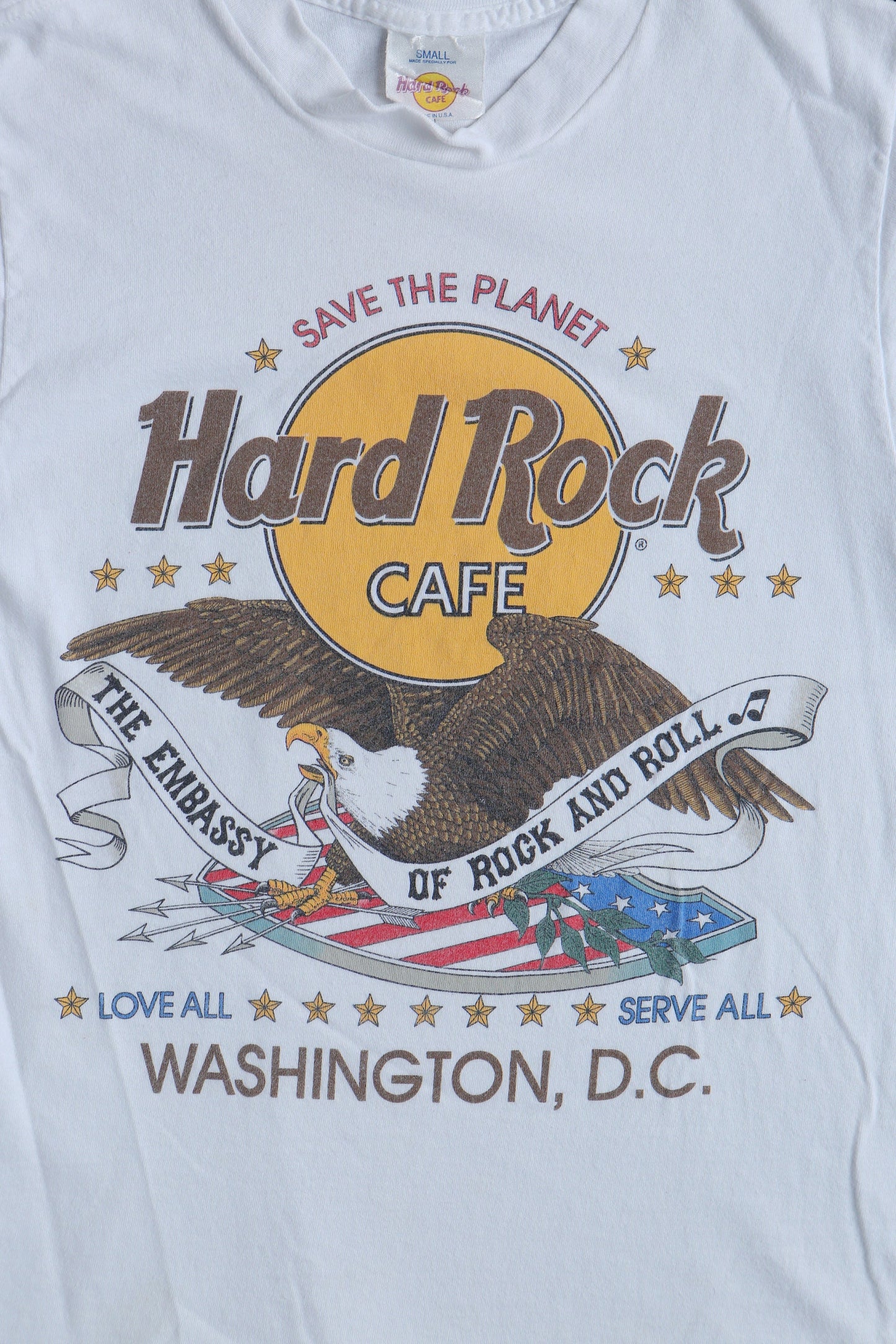 Hard rock cafe t-shirt vintage save the planet concert white usa military eagle us shield small made in usa