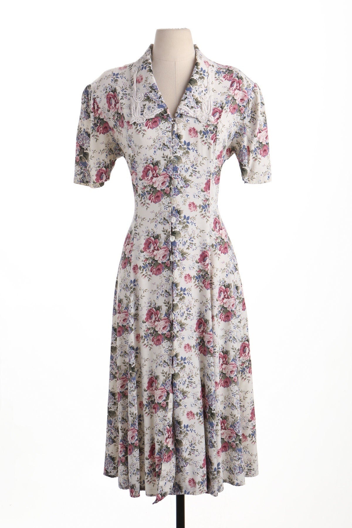 Vintage floral flower rose print white summer western maxi dress 90's rayon long