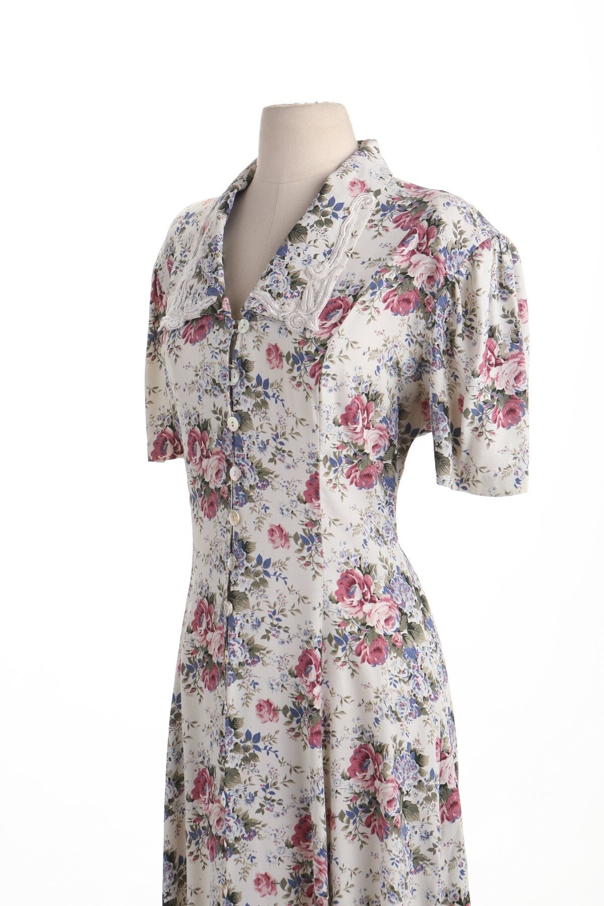 Vintage floral flower rose print white summer western maxi dress 90's rayon long