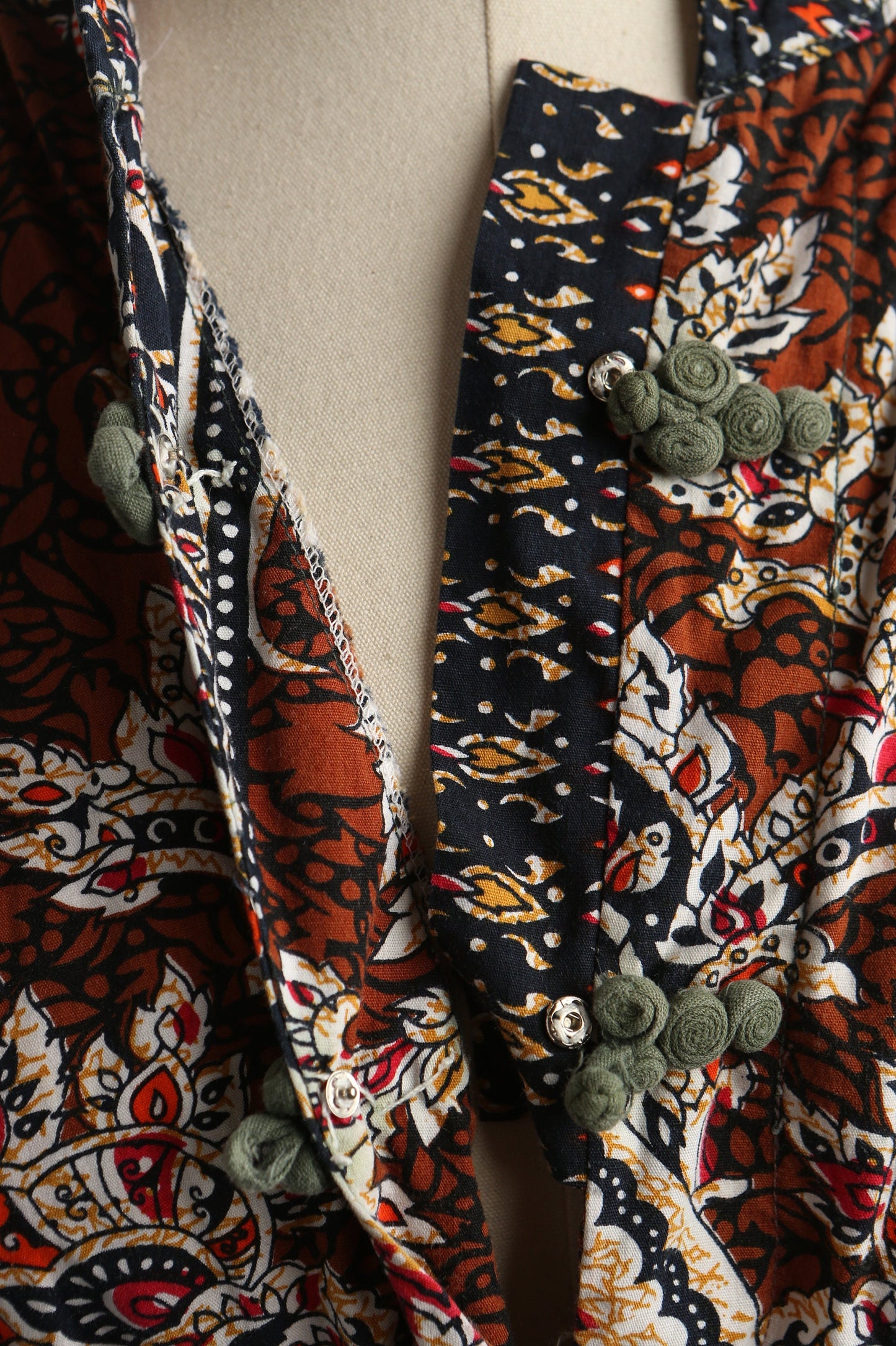 Vintage boho asian hippie african ethnic dress block print summer short brown beige