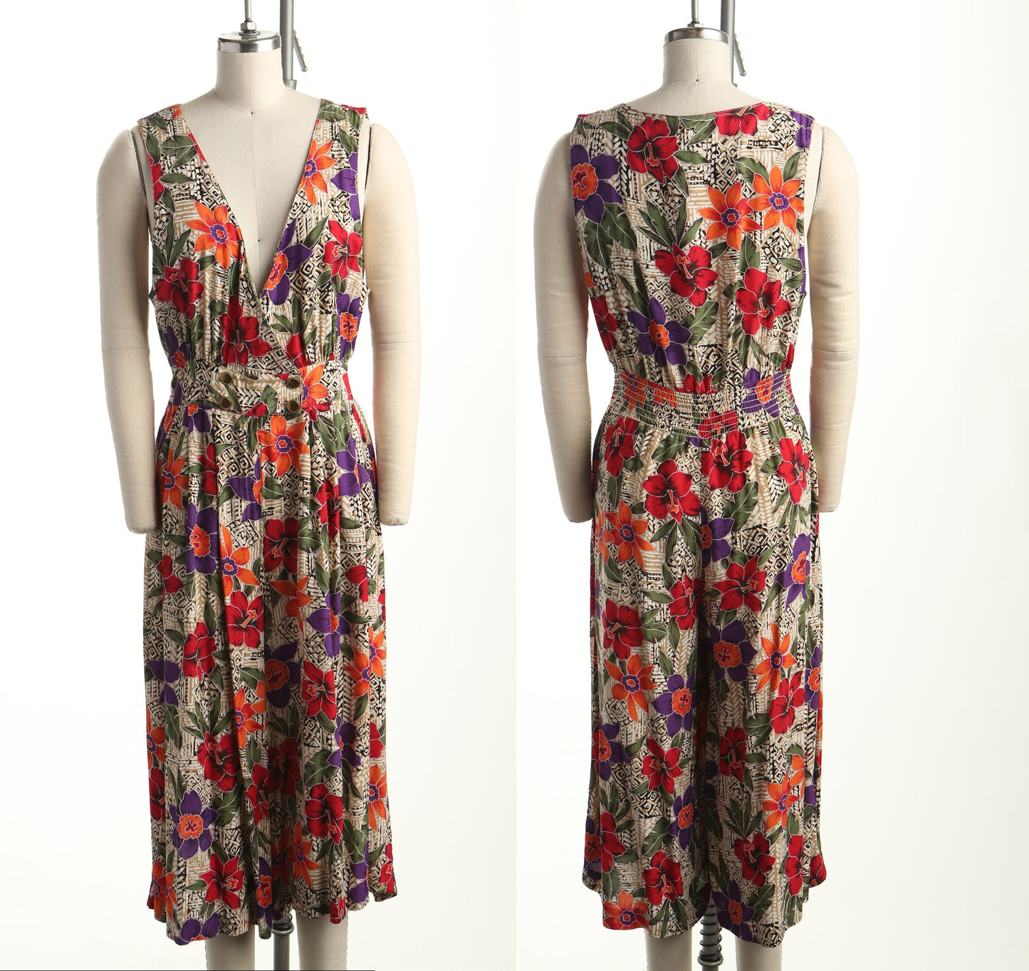 Vintage jumpsuit romper dress 90's floral print flower women v neck summer casual